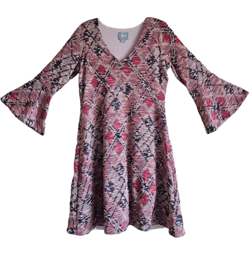 ANTHROPOLOGIE MAEVE S Erina Dress Fit & Flare Woven Knit Argyle Pink Lined